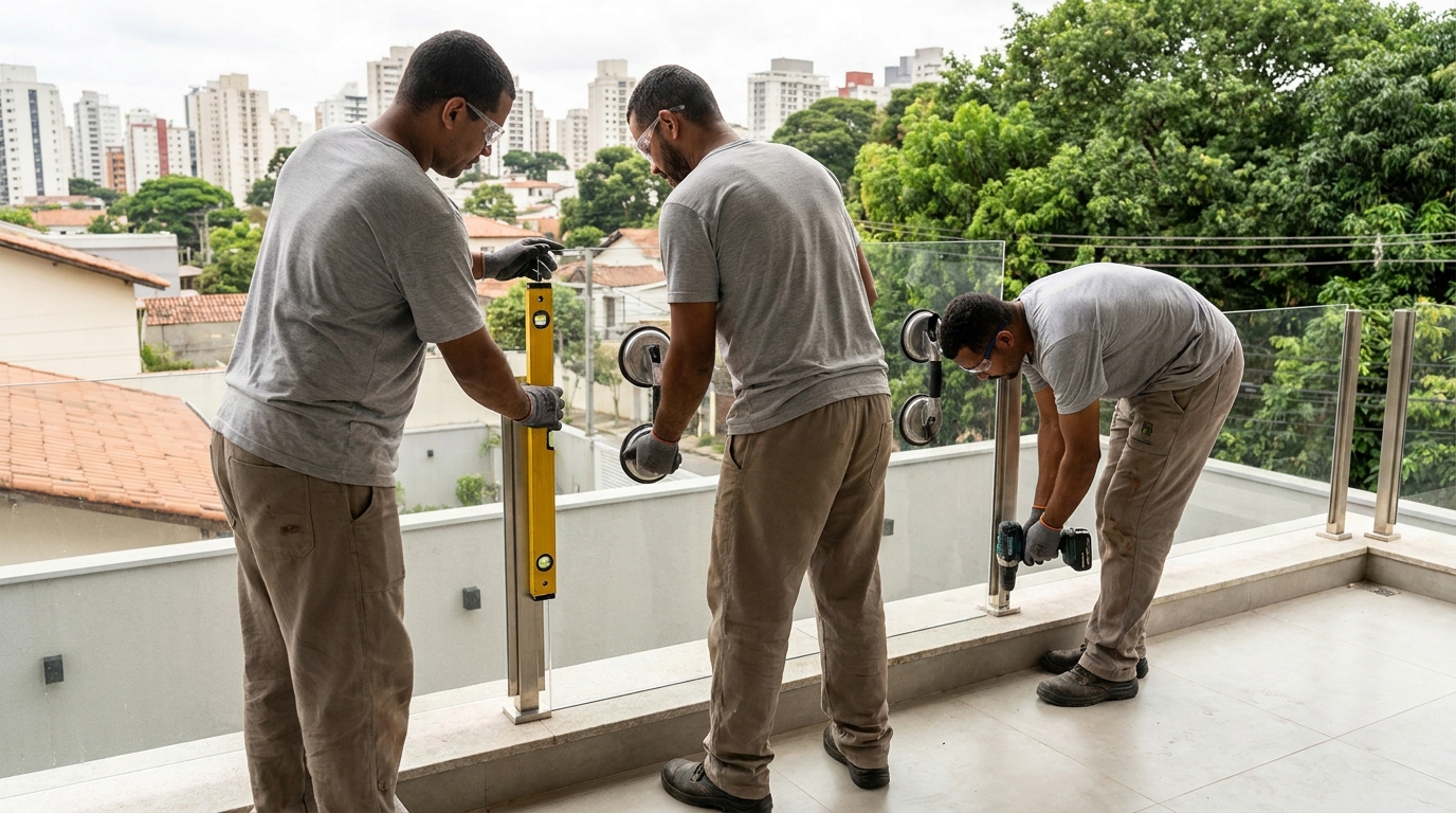 Guarda-corpo em terraço alto com vista cidade em Jaraguá do Sul-SC